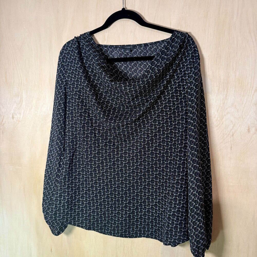 Ann Taylor Womens Sz 12 Black & White Printed Blouse Top Cowl Neck Long Sleeve